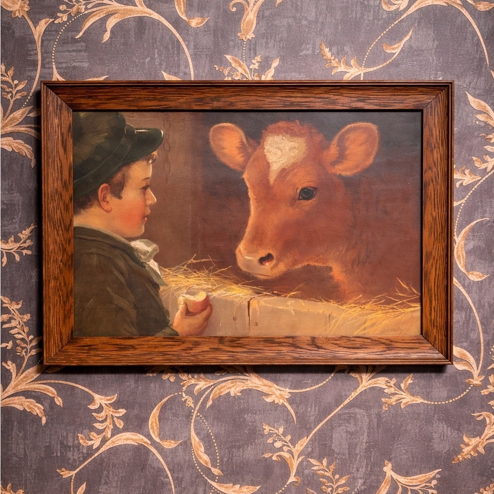 Vintage Signed Farm Art Print Boy Feeding Cow Rustic Wood Frame Under Glass